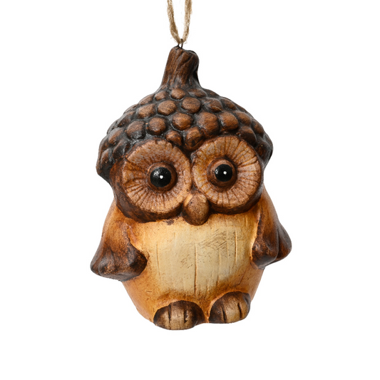 Small ceramic owl shaped hanging decoration.