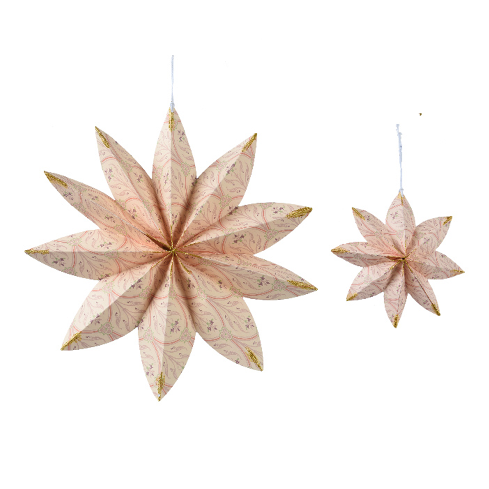 Two pink hanging paper stars, one larger and one smaller. They are patterned and dusted with glitter at the points.