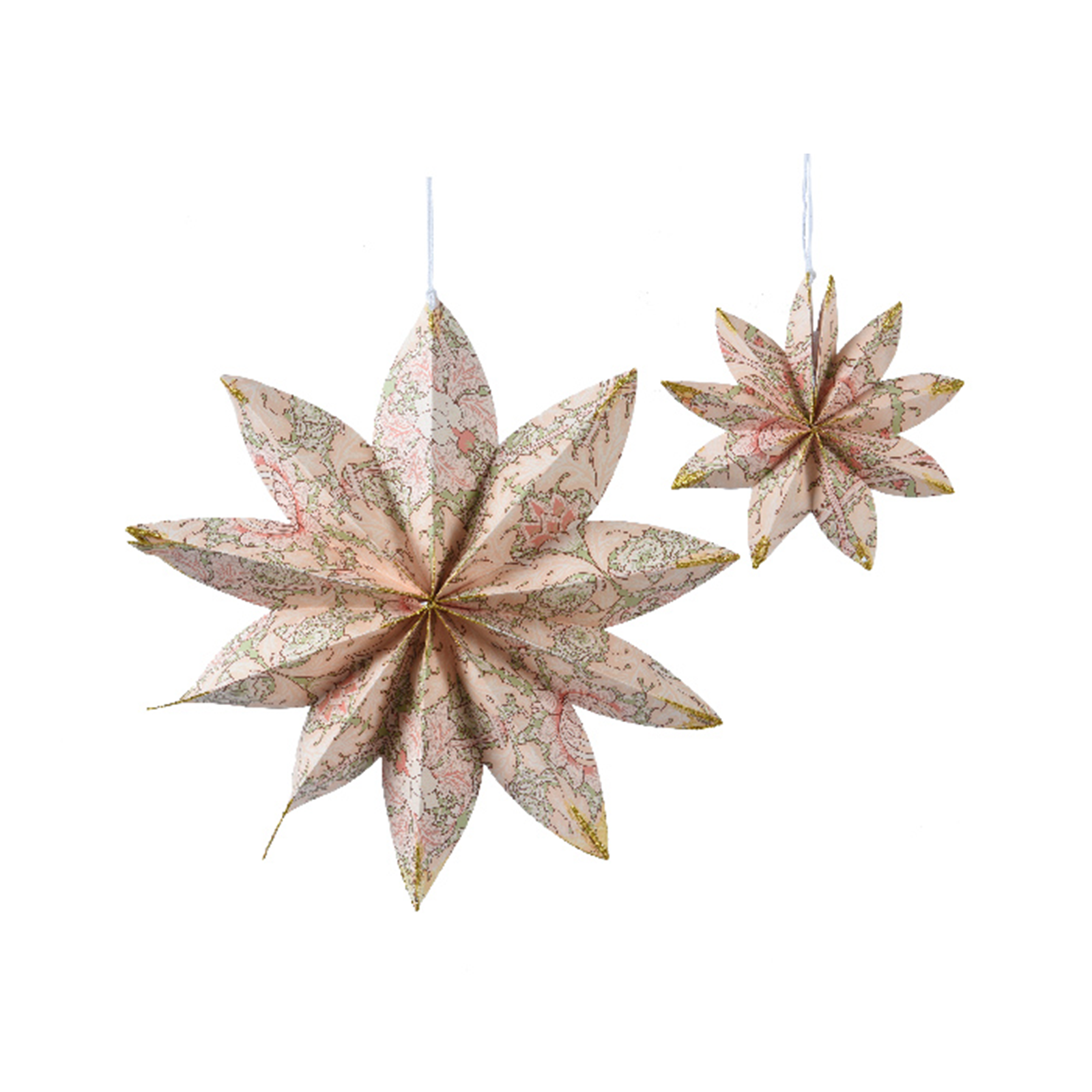 Two pink hanging paper stars, one larger and one smaller. They are patterned and dusted with glitter at the points.