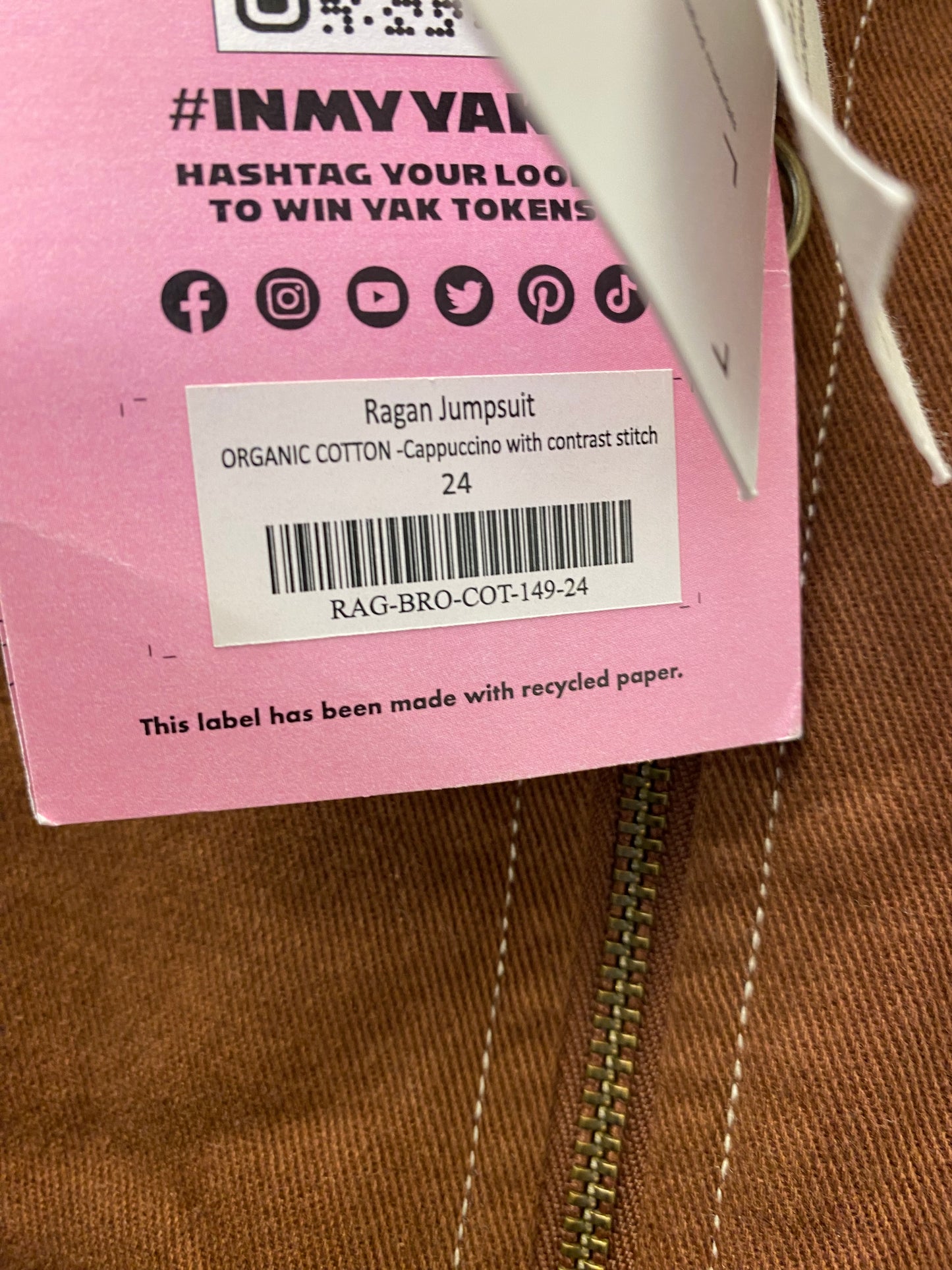 BNWT Lucy and Yak Ragan Jumpsuit Organic Cotton Cappucchino Size 24