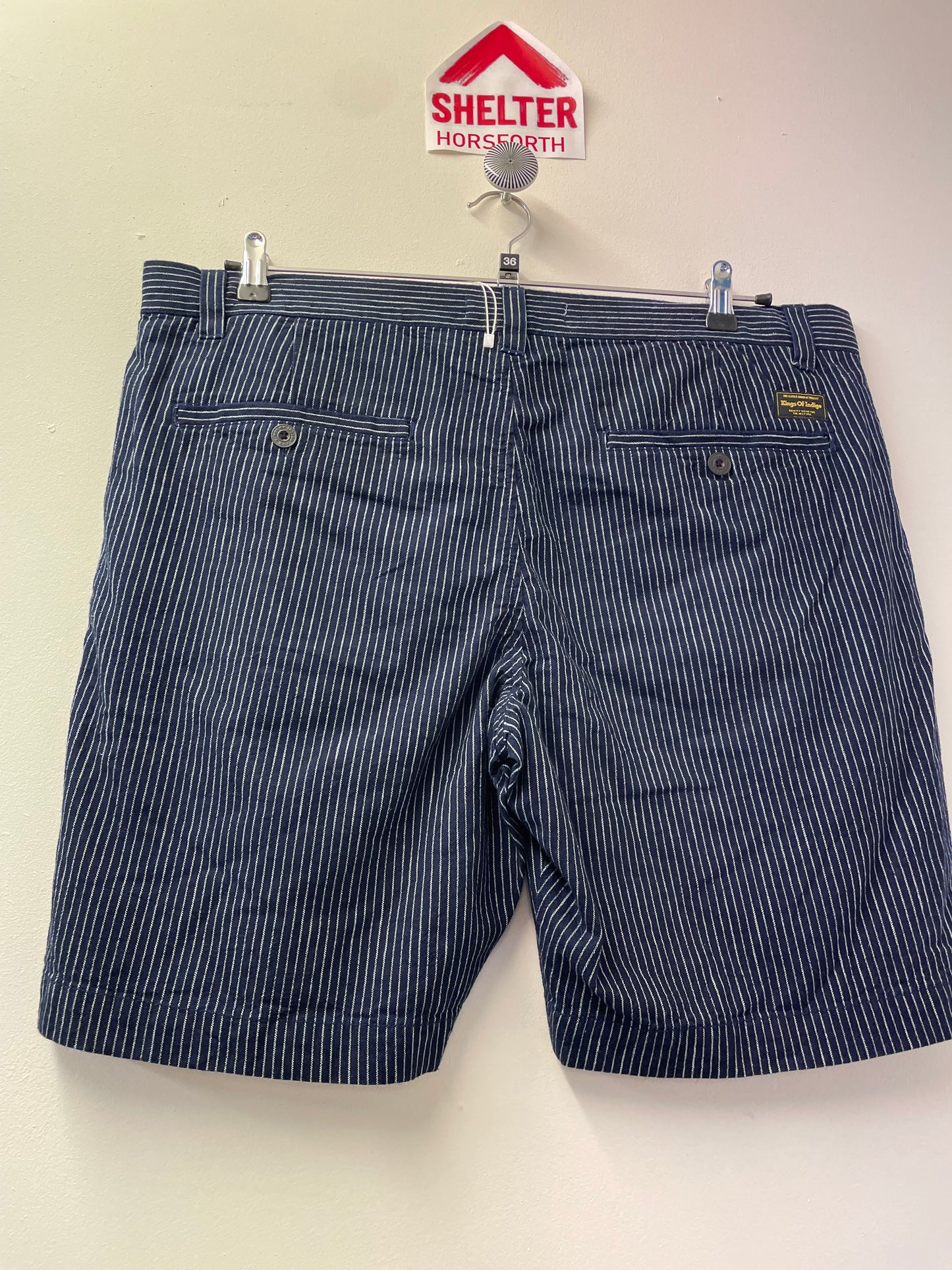 BNWT Kings of Indigo Navy Blue Pin Stripe Organic Cotton Shorts Size 36