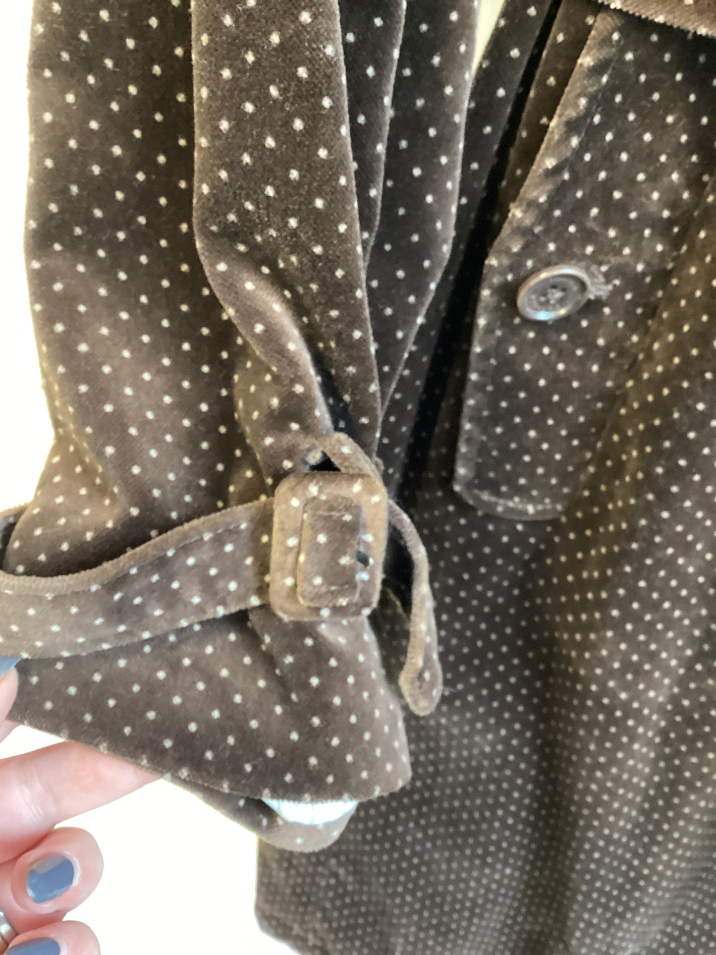 Pringle Scotland, Brown and Cream Polka Dot Coat with Belt, Size 12, Cotton, Autumn