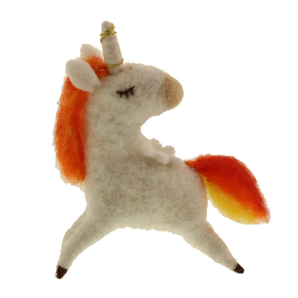 A white felt unicorn with golden string wrapped around its horn and a flaming red mane and tail.