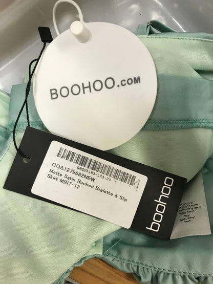 BNWT Boohoo Satin Ruched Bralette and Slip Skirt in Mint Green