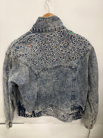 Vintage Acid-Wash Embroidered Womens Denim Jacket Size L/XL