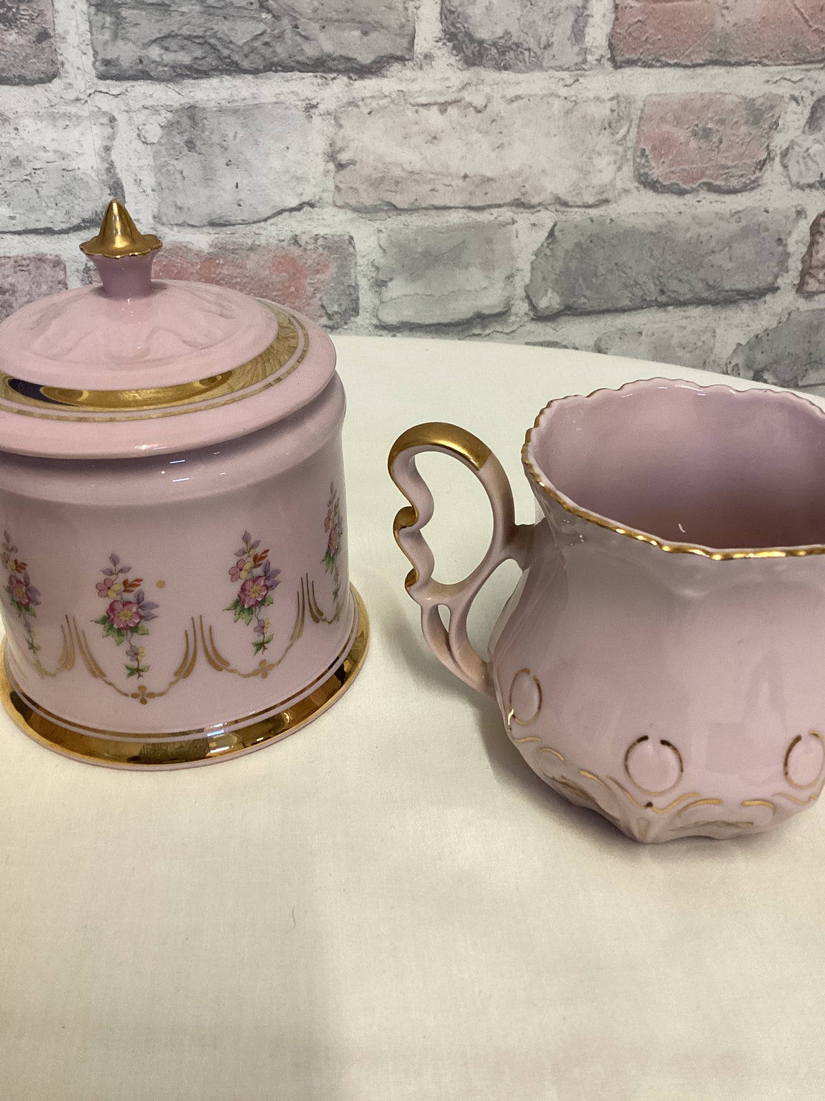 Pink Hand Painted Porcelain tea cups and sugar bowl set