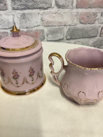 Pink Hand Painted Porcelain tea cups and sugar bowl set