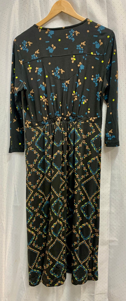 Size 12 White Stuff Long Dress Black with Blue and Brown Pattern