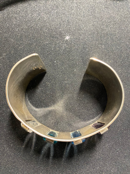 Kevin Oliver Vintage Silver 925 Cuff Bracelet with Rectangular Multi Coloured Stones