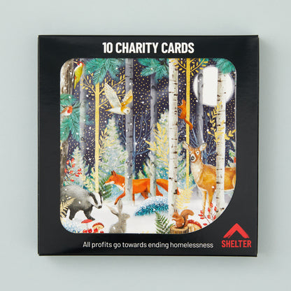 Pack of 10 'Festive Forest' Christmas cards in a black Shelter branded card box. 