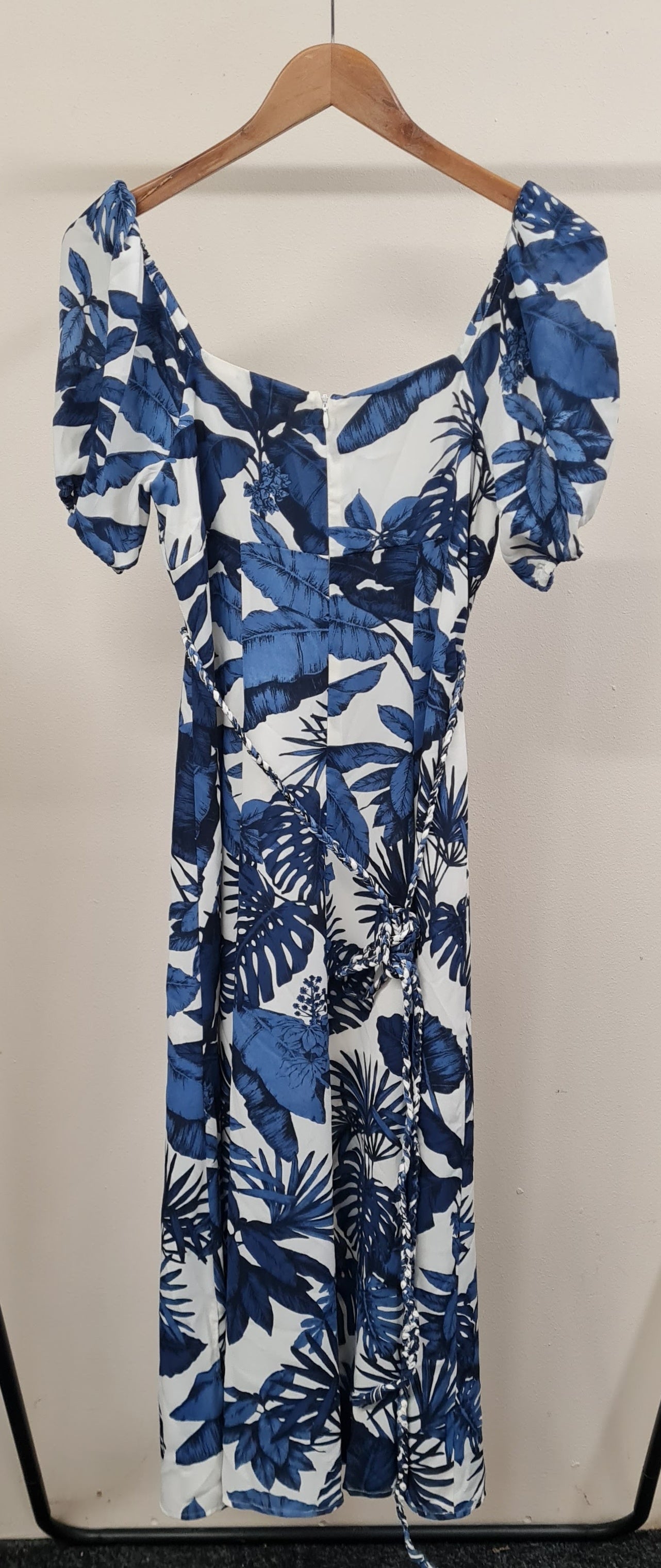 Vintage Biba Blue Palm Off the Shoulder Empire Waist Dress Size 10