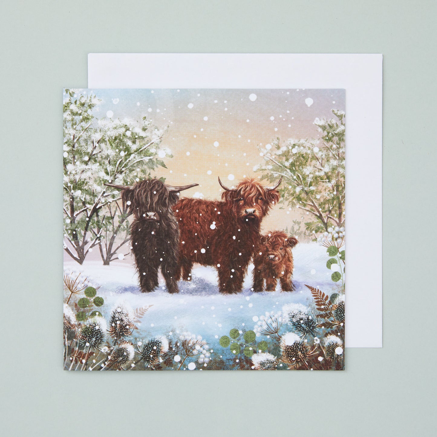 A square Christmas card with an illustration depicting three highland cows in the snow.