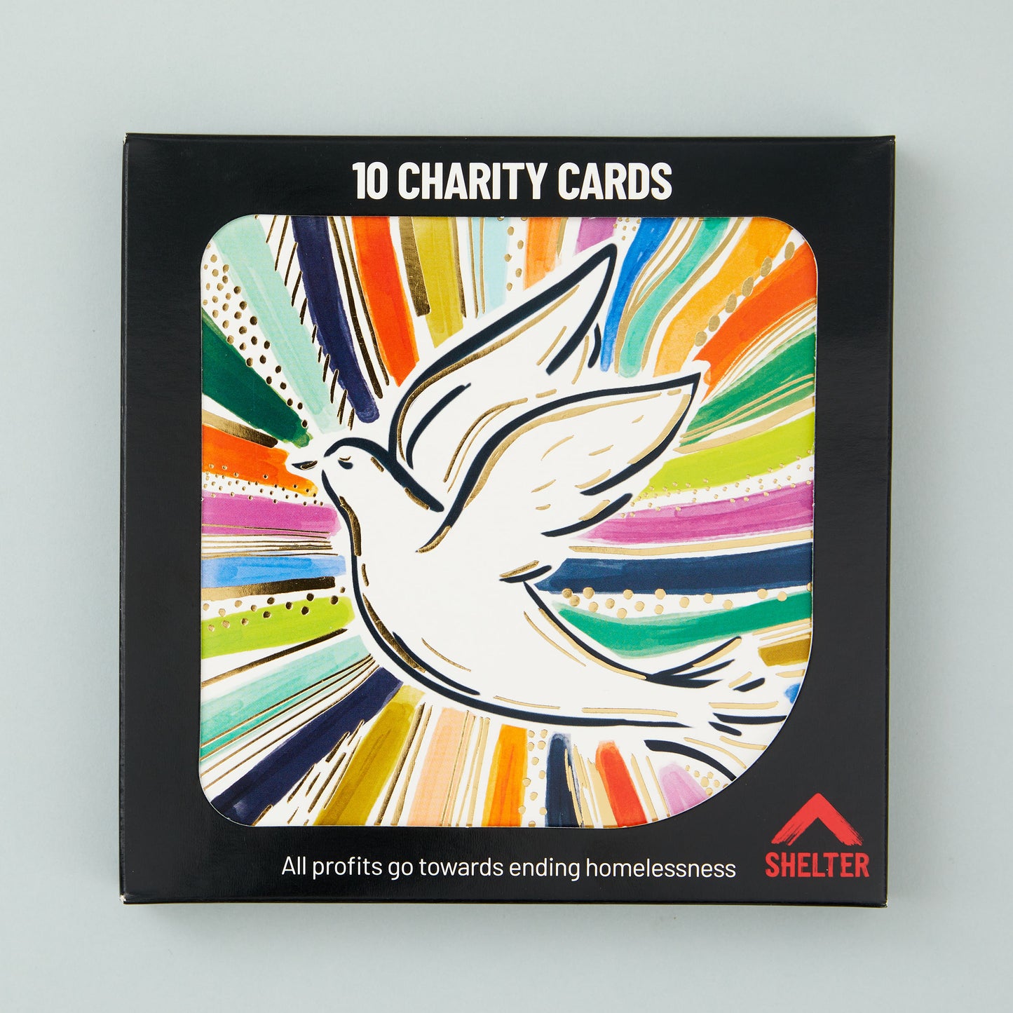 Pack of 10 'Joyful Dove' Christmas cards in a black Shelter branded card box. 