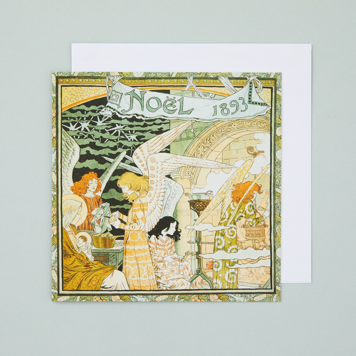 A square Christmas card with an art deco style design depicting angels doing preparing a dinner.