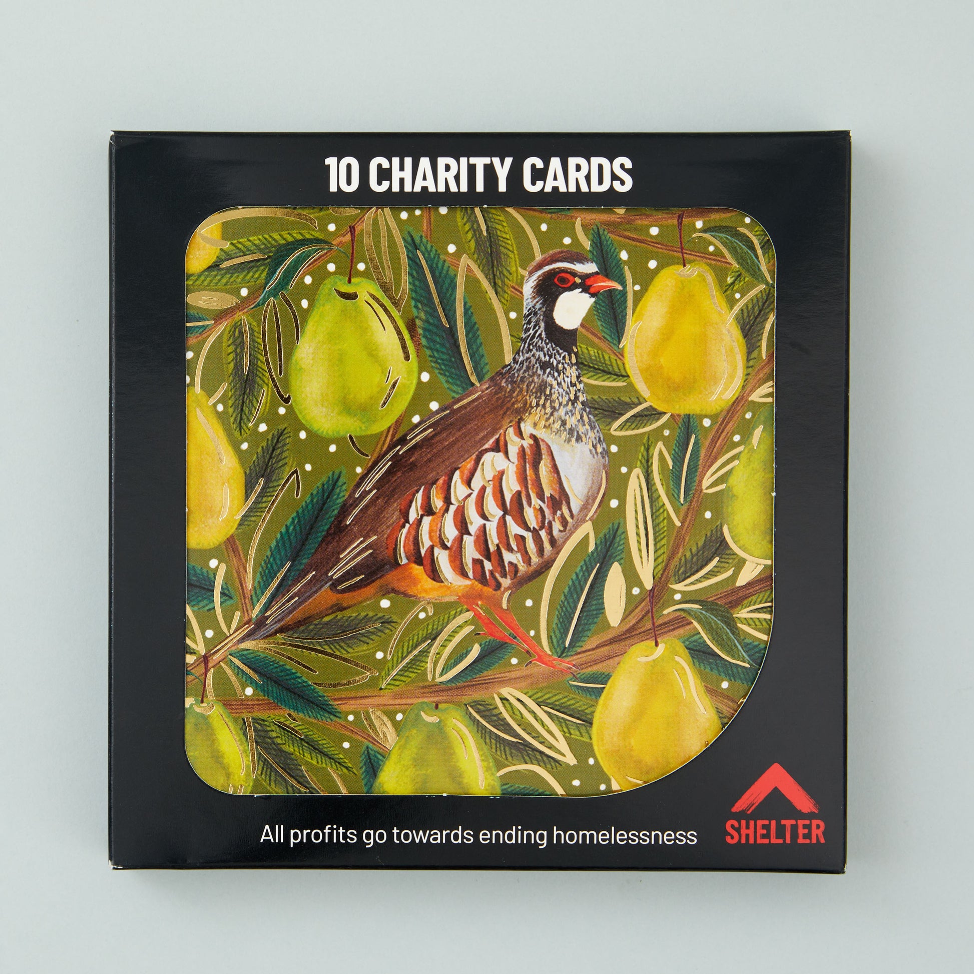 Pack of 10 'In a Pear Tree' Christmas cards in a black Shelter branded card box. 