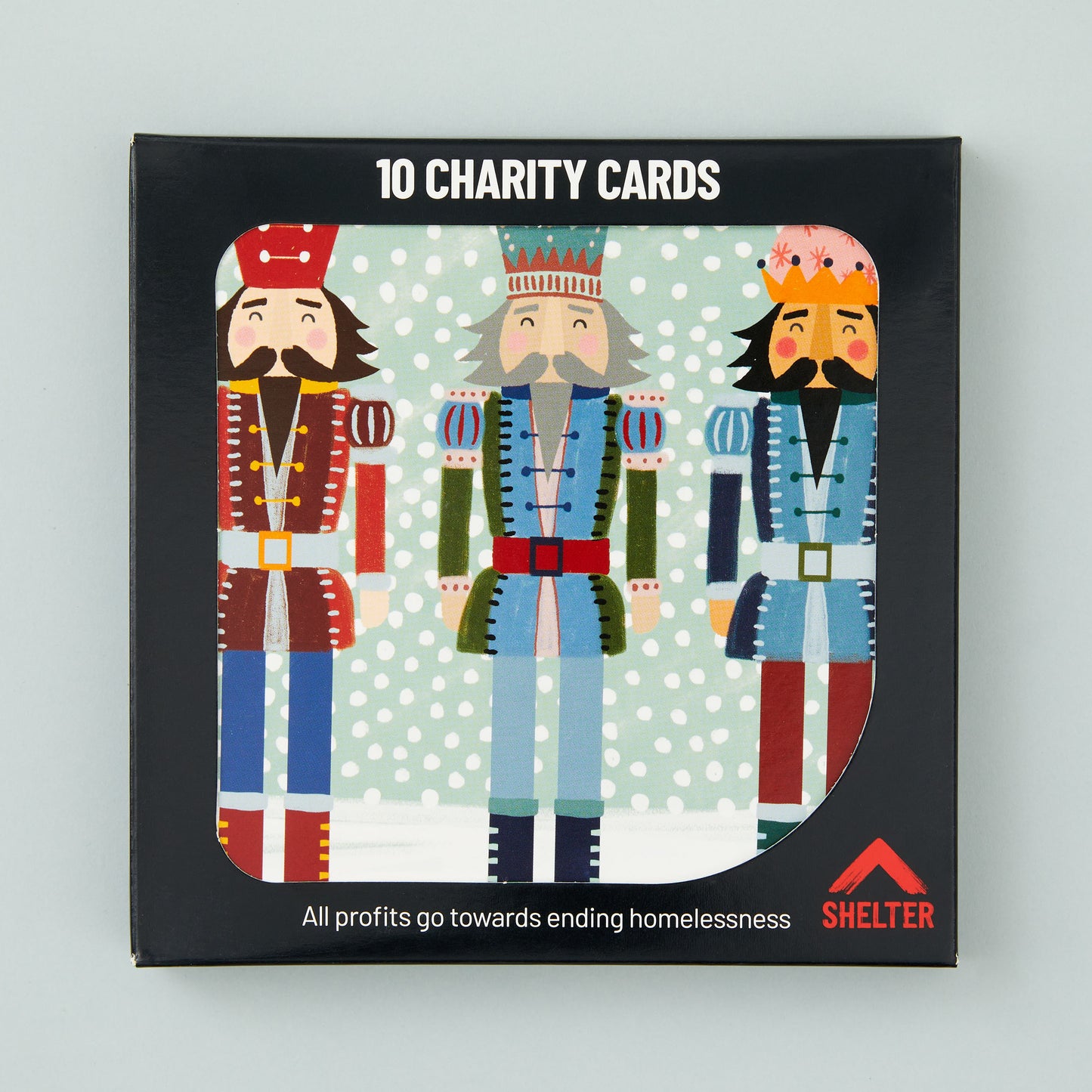 Pack of 10 'Nutcrackers' Christmas cards in a black Shelter branded card box. 