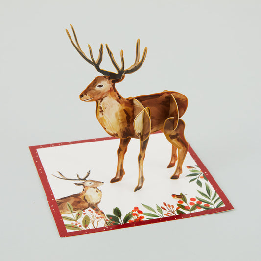 Assembled 3D stag ornament and flat card for greeting alongside.