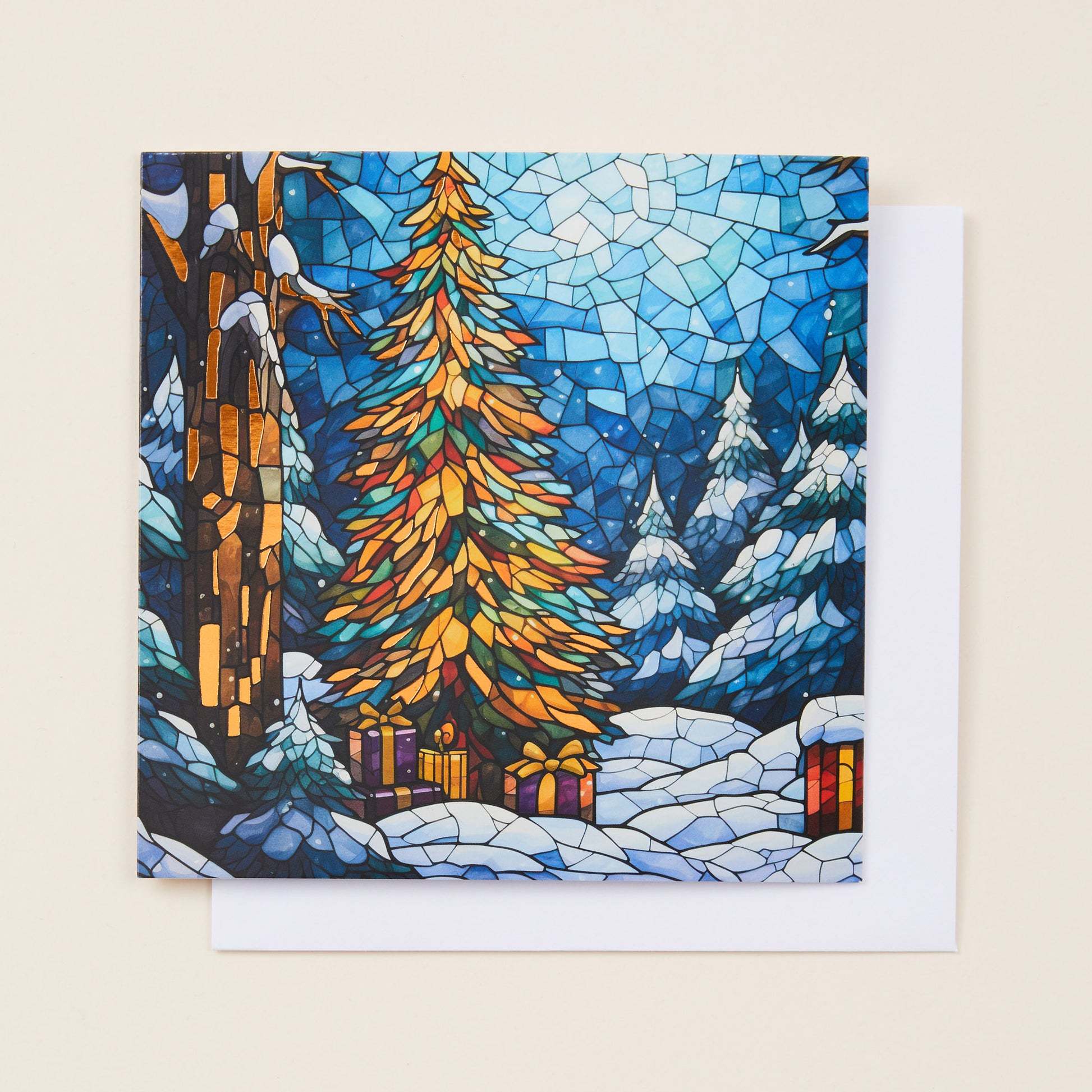 Stylized snowy winter scene with trees and presents on a Christmas card.
