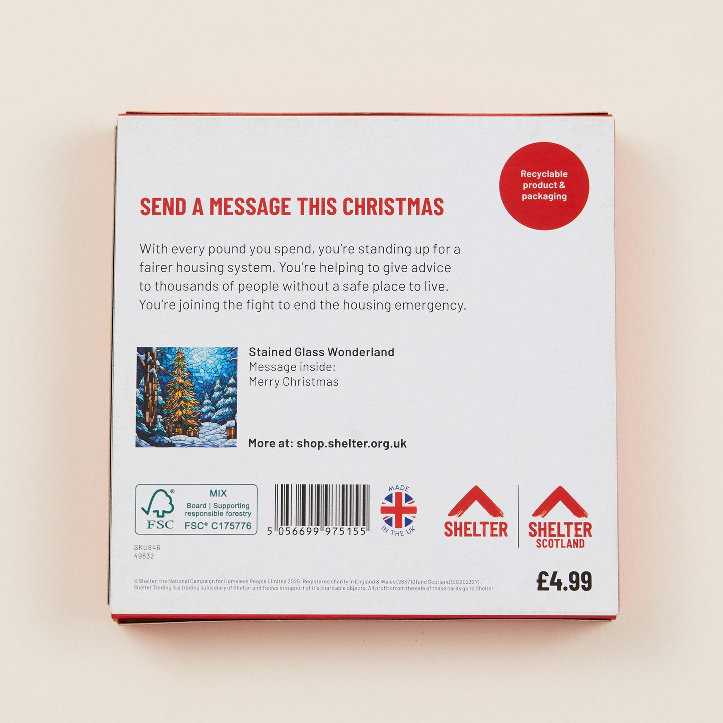 The back of the Christmas card box packaging with details on the size of the cards, the messaging inside them, and information about Shelter and Shelter Scotland.