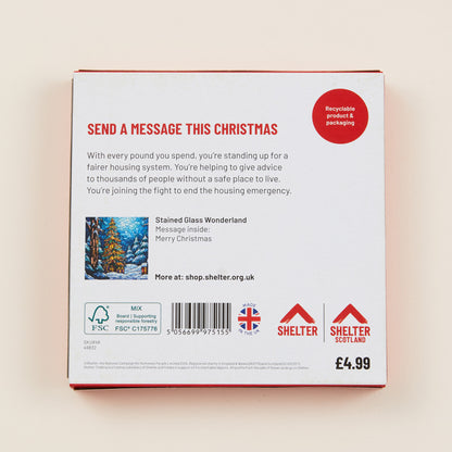 The back of the Christmas card box packaging with details on the size of the cards, the messaging inside them, and information about Shelter and Shelter Scotland.