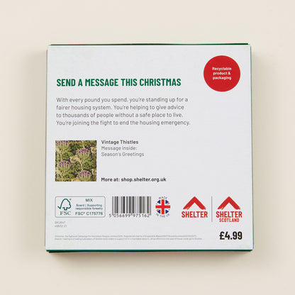 The back of the Christmas card box packaging with details on the size of the cards, the messaging inside them, and information about Shelter and Shelter Scotland.