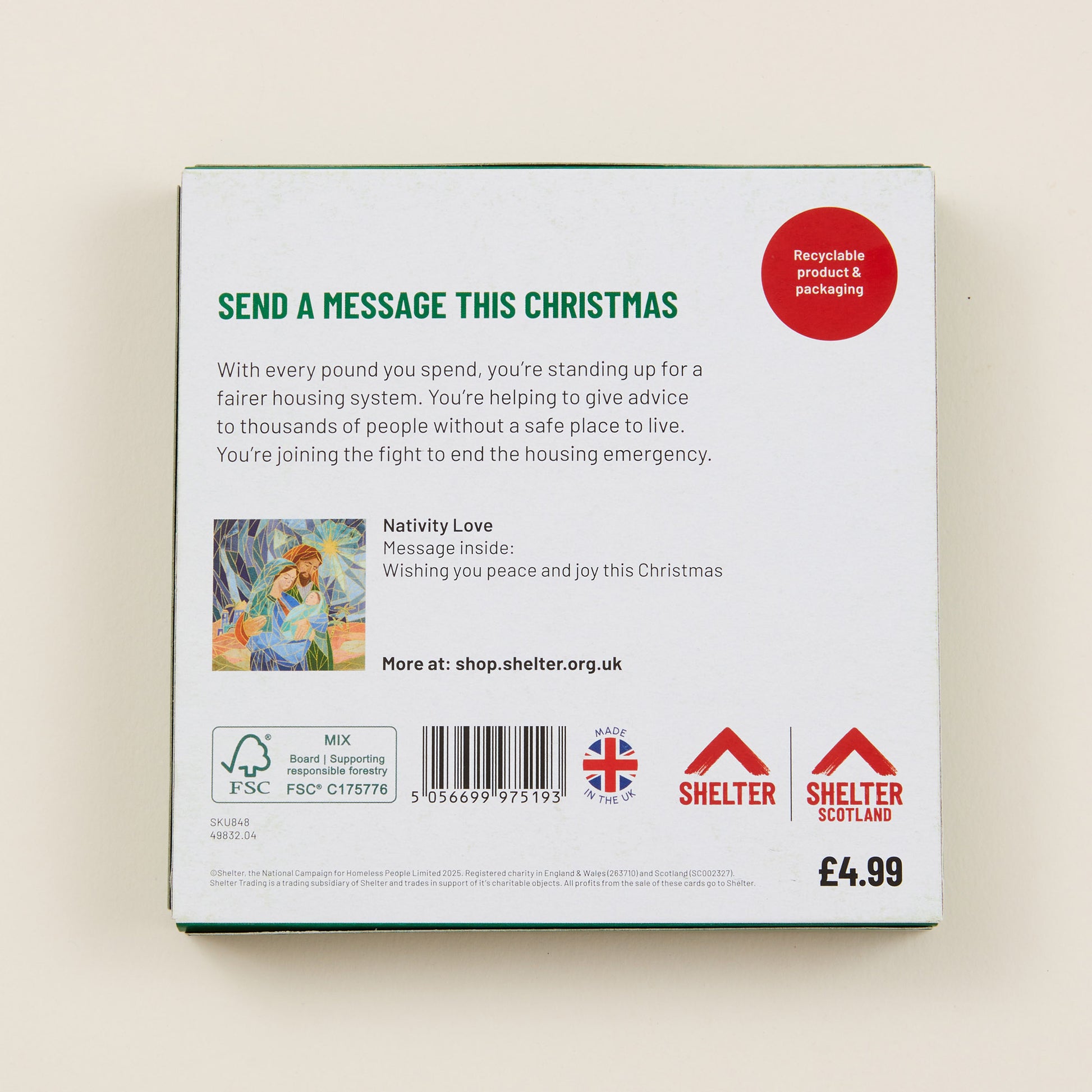 The back of the Christmas card box packaging with details on the size of the cards, the messaging inside them, and information about Shelter and Shelter Scotland.