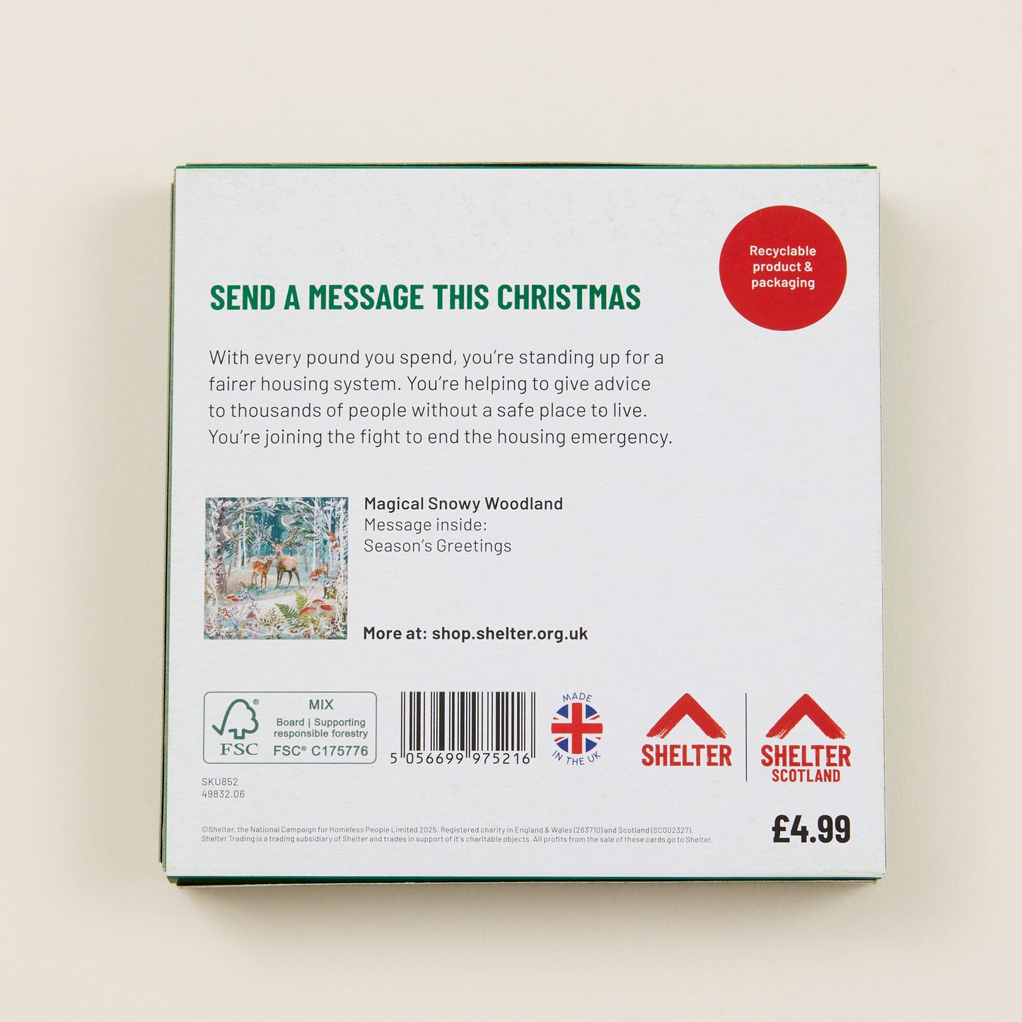 The back of the Christmas card box packaging with details on the size of the cards, the messaging inside them, and information about Shelter and Shelter Scotland.