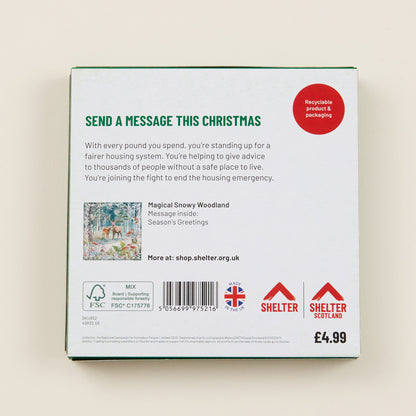 The back of the Christmas card box packaging with details on the size of the cards, the messaging inside them, and information about Shelter and Shelter Scotland.