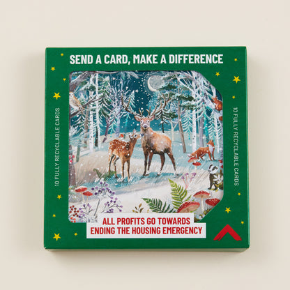 A Christmas card with a snowy woodland scene on the front, the card shown in green cardboard packaging with the title: 'Send a card, make a difference'