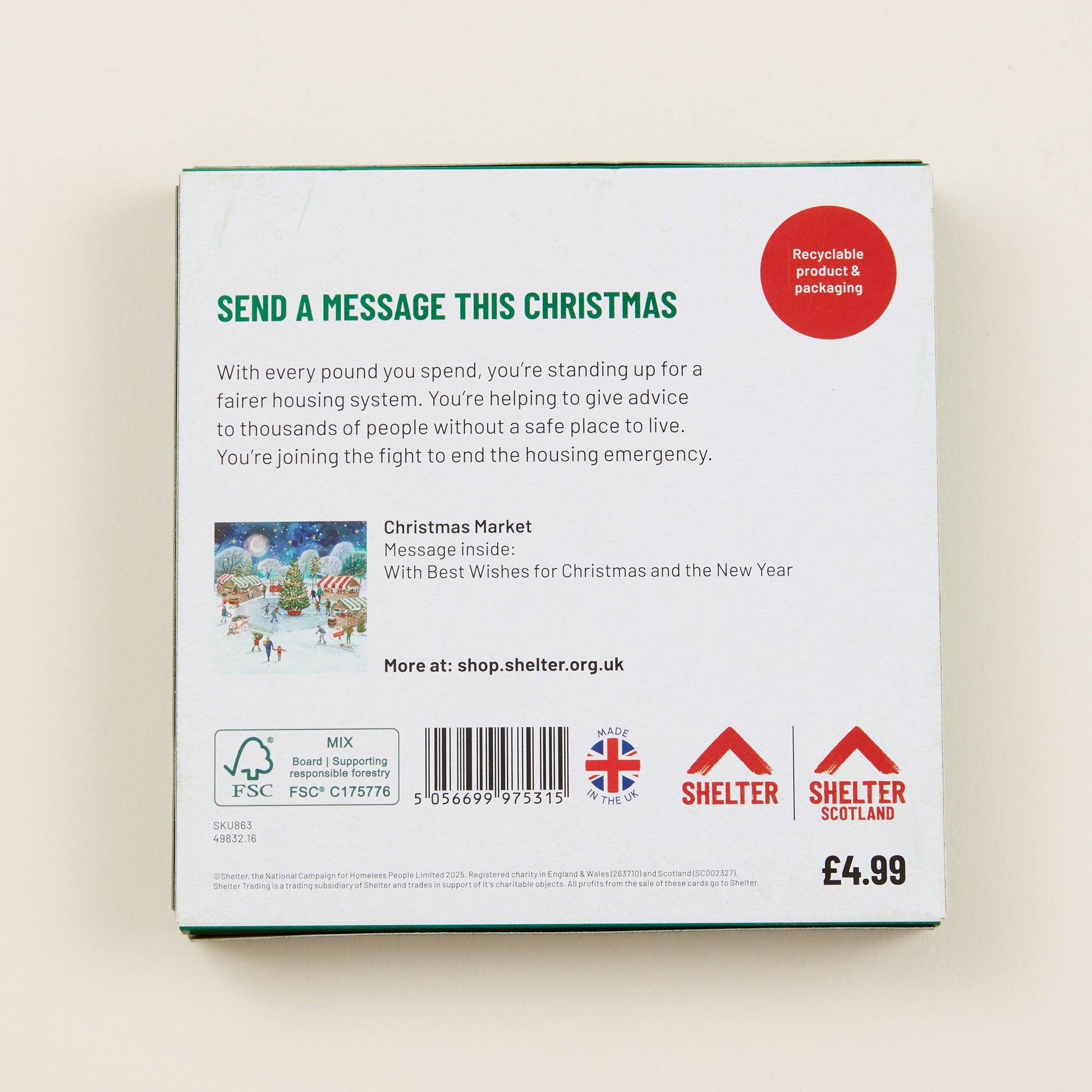 The back of the Christmas card box packaging with details on the size of the cards, the messaging inside them, and information about Shelter and Shelter Scotland.