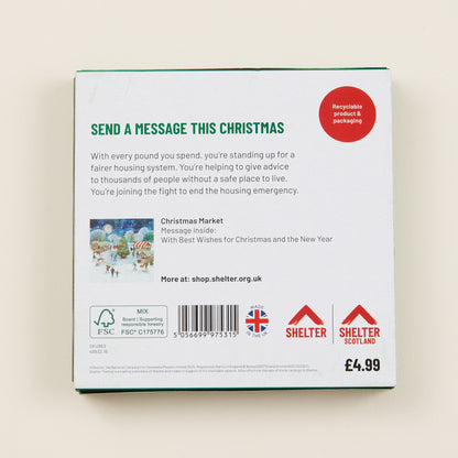 The back of the Christmas card box packaging with details on the size of the cards, the messaging inside them, and information about Shelter and Shelter Scotland.