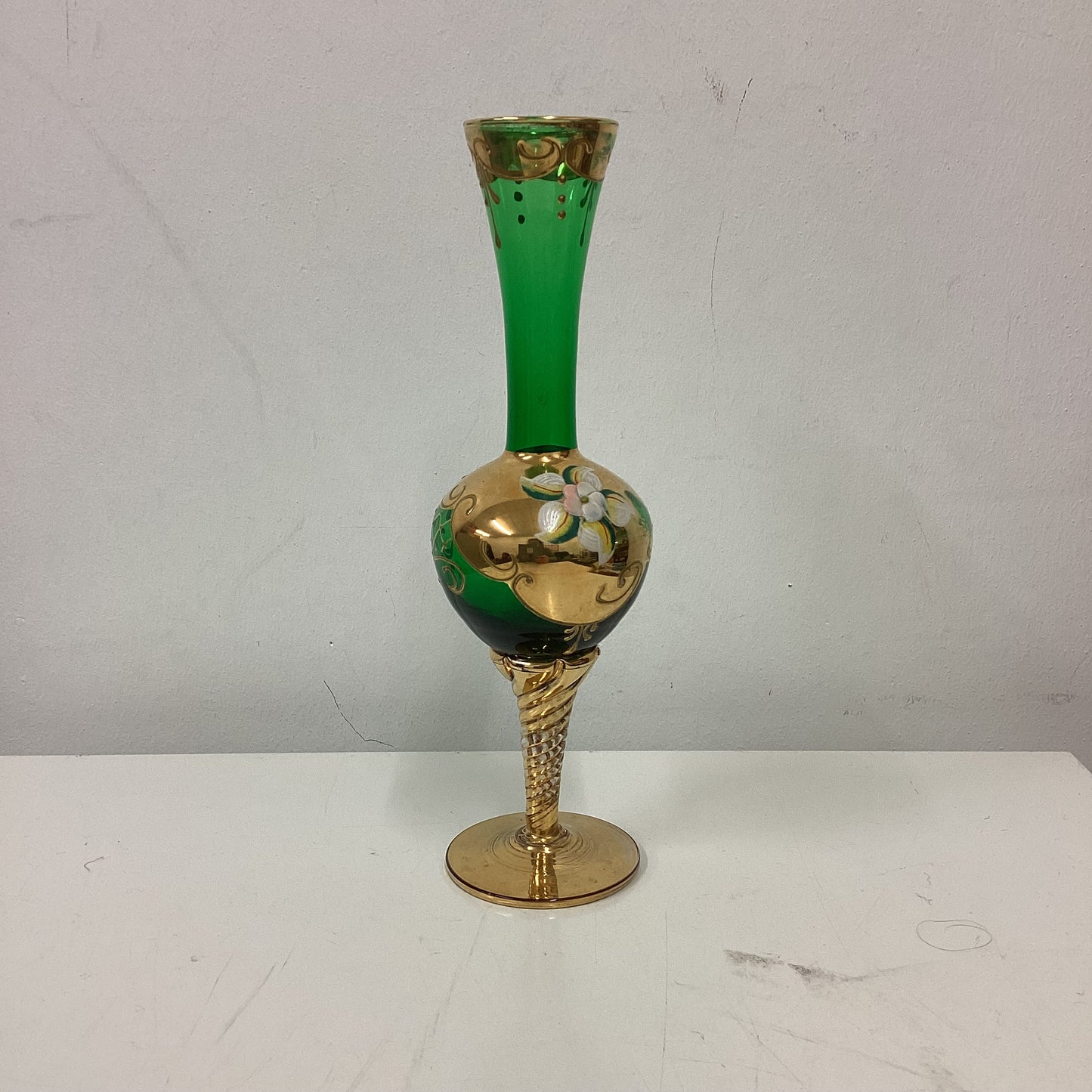 Gold Green Floral Murano Glass Bud Vase