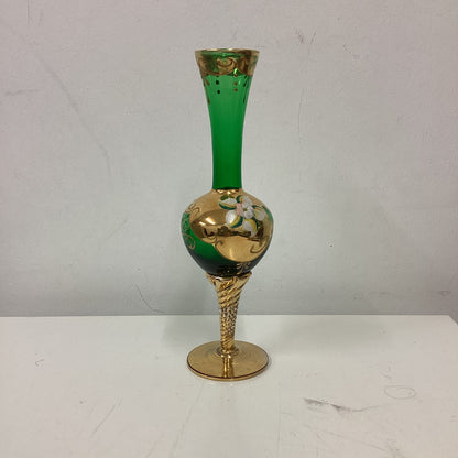 Gold Green Floral Murano Glass Bud Vase