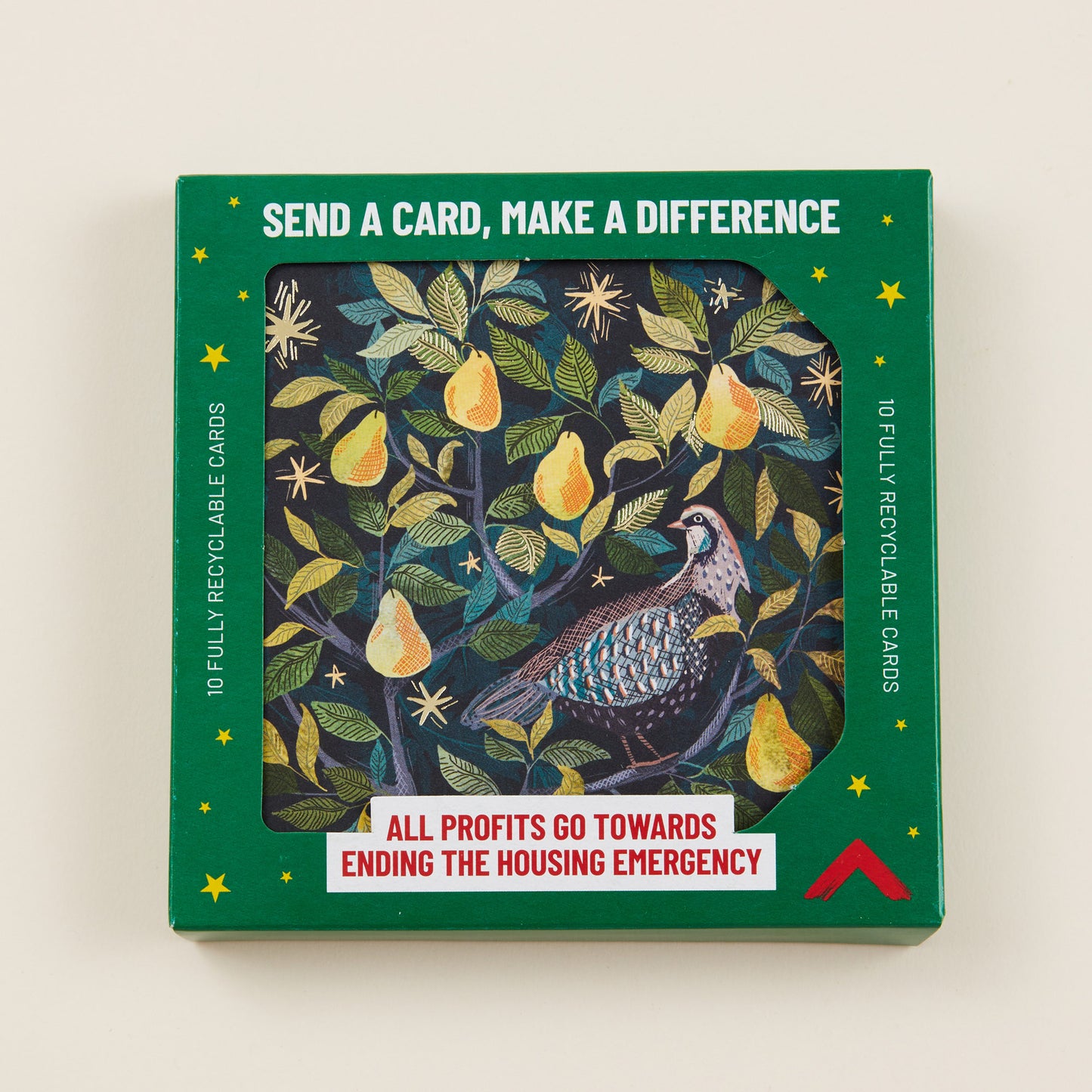 A Christmas card with a partridge in a pear tree on the front, the card shown in green cardboard packaging with the title: 'Send a card, make a difference'