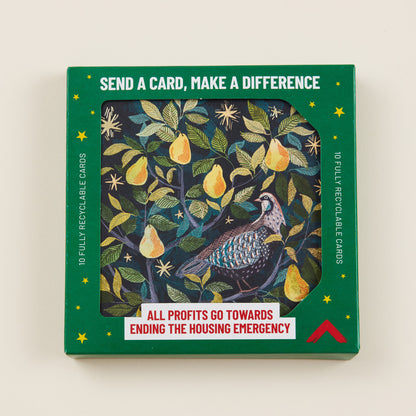 A Christmas card with a partridge in a pear tree on the front, the card shown in green cardboard packaging with the title: 'Send a card, make a difference'