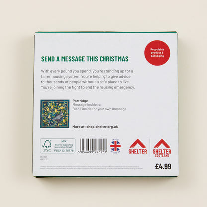 The back of the Christmas card box packaging with details on the size of the cards, the messaging inside them, and information about Shelter and Shelter Scotland.