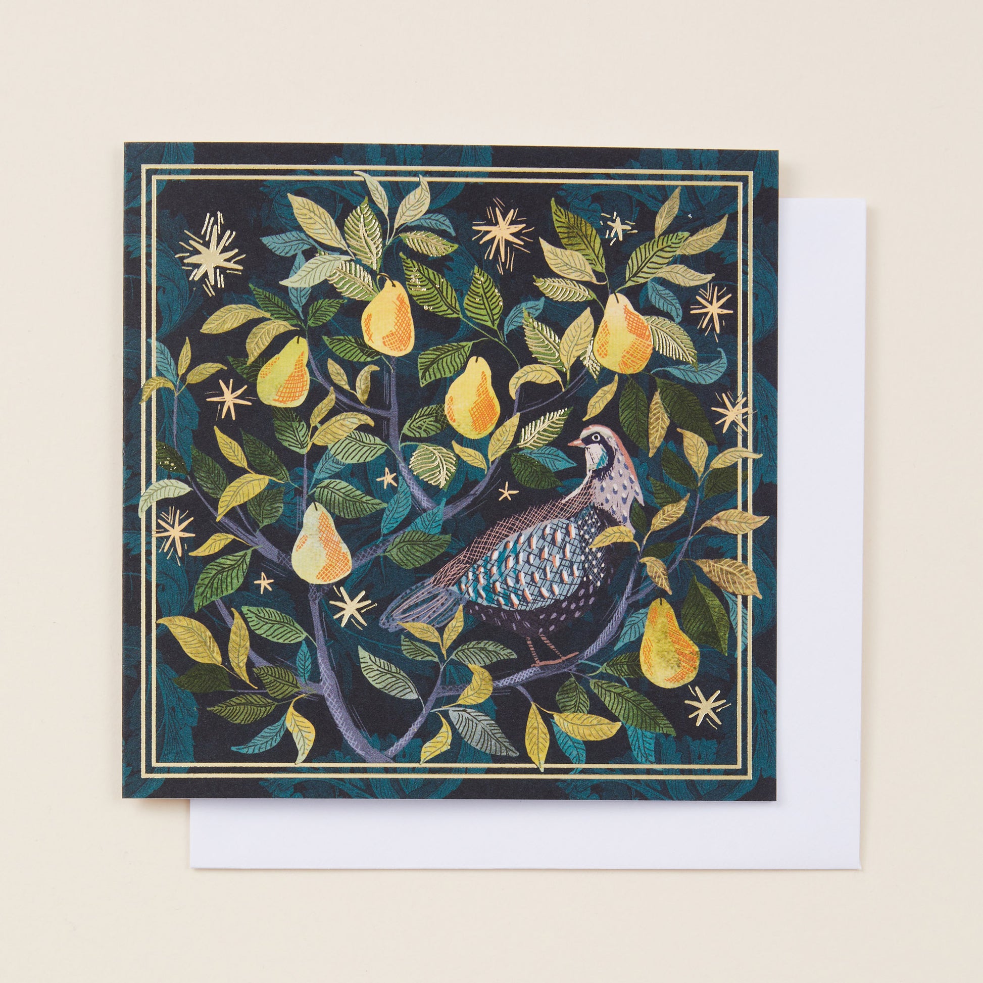 A Christmas card with a partridge in a pear tree design on the front, sitting on a white envelope.