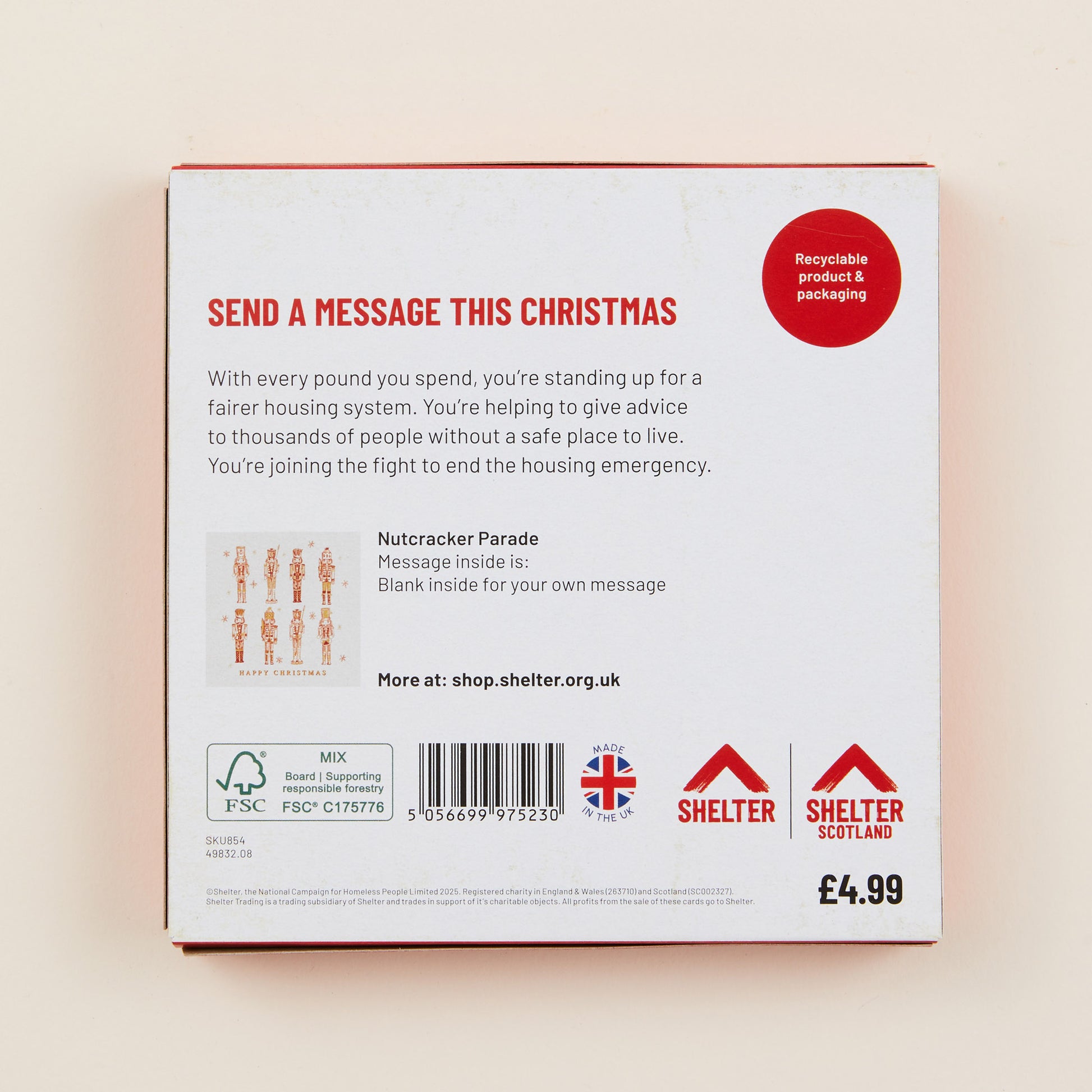 The back of the Christmas card box packaging with details on the size of the cards, the messaging inside them, and information about Shelter and Shelter Scotland.