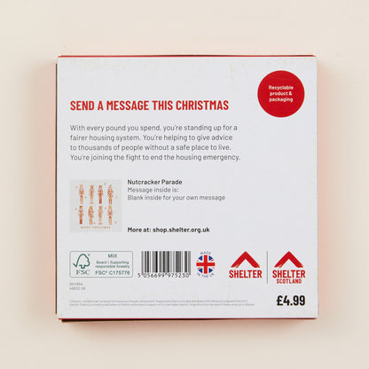 The back of the Christmas card box packaging with details on the size of the cards, the messaging inside them, and information about Shelter and Shelter Scotland.