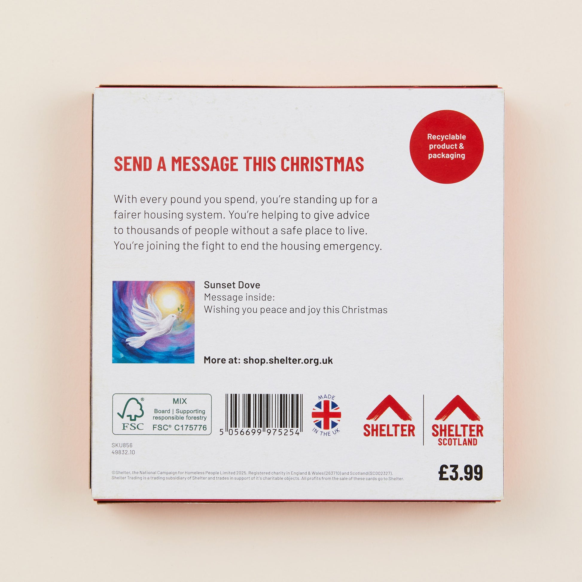 The back of the Christmas card box packaging with details on the size of the cards, the messaging inside them, and information about Shelter and Shelter Scotland.
