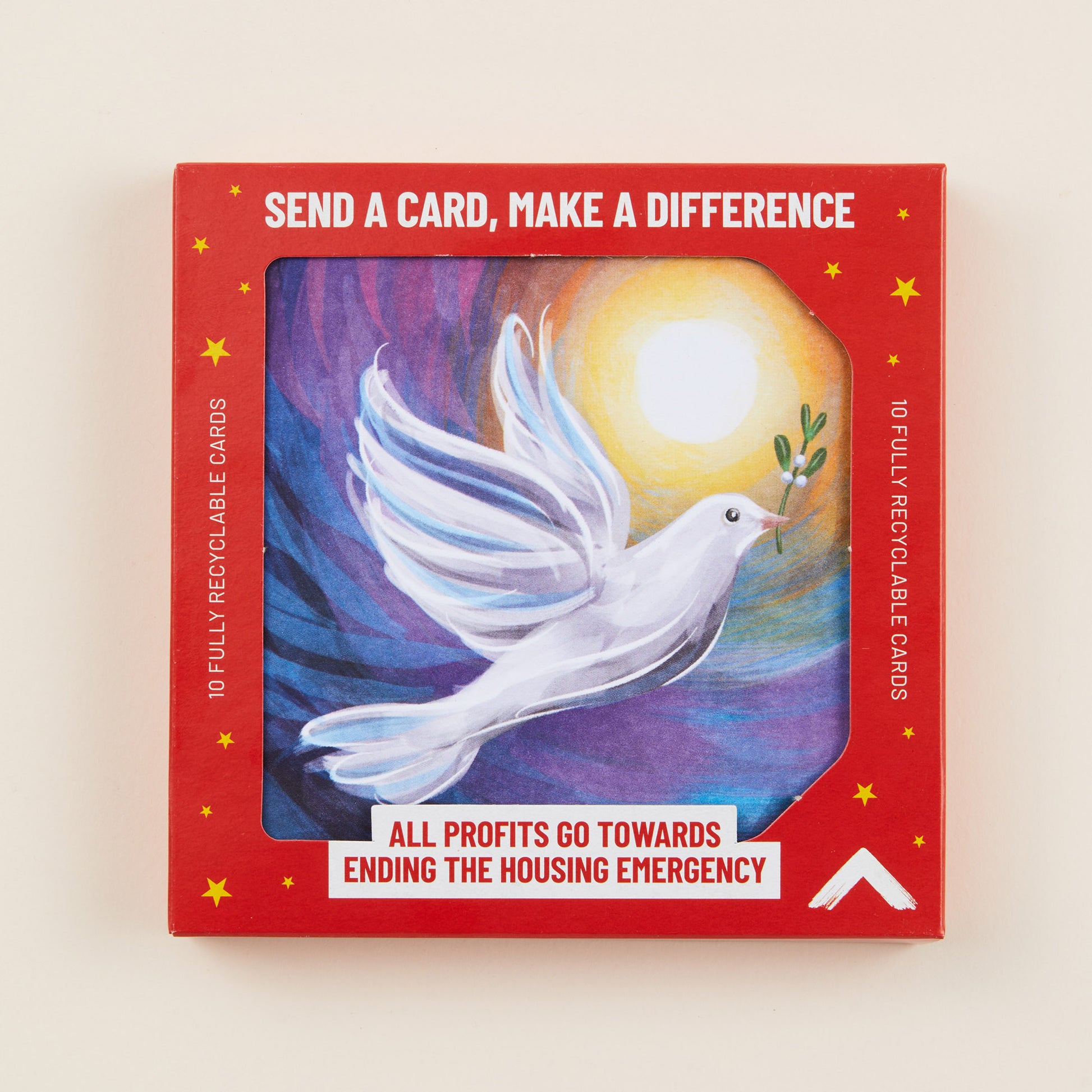 A Christmas card with a white dove at sunset on the front, the card shown in red cardboard packaging with the title: 'Send a card, make a difference'