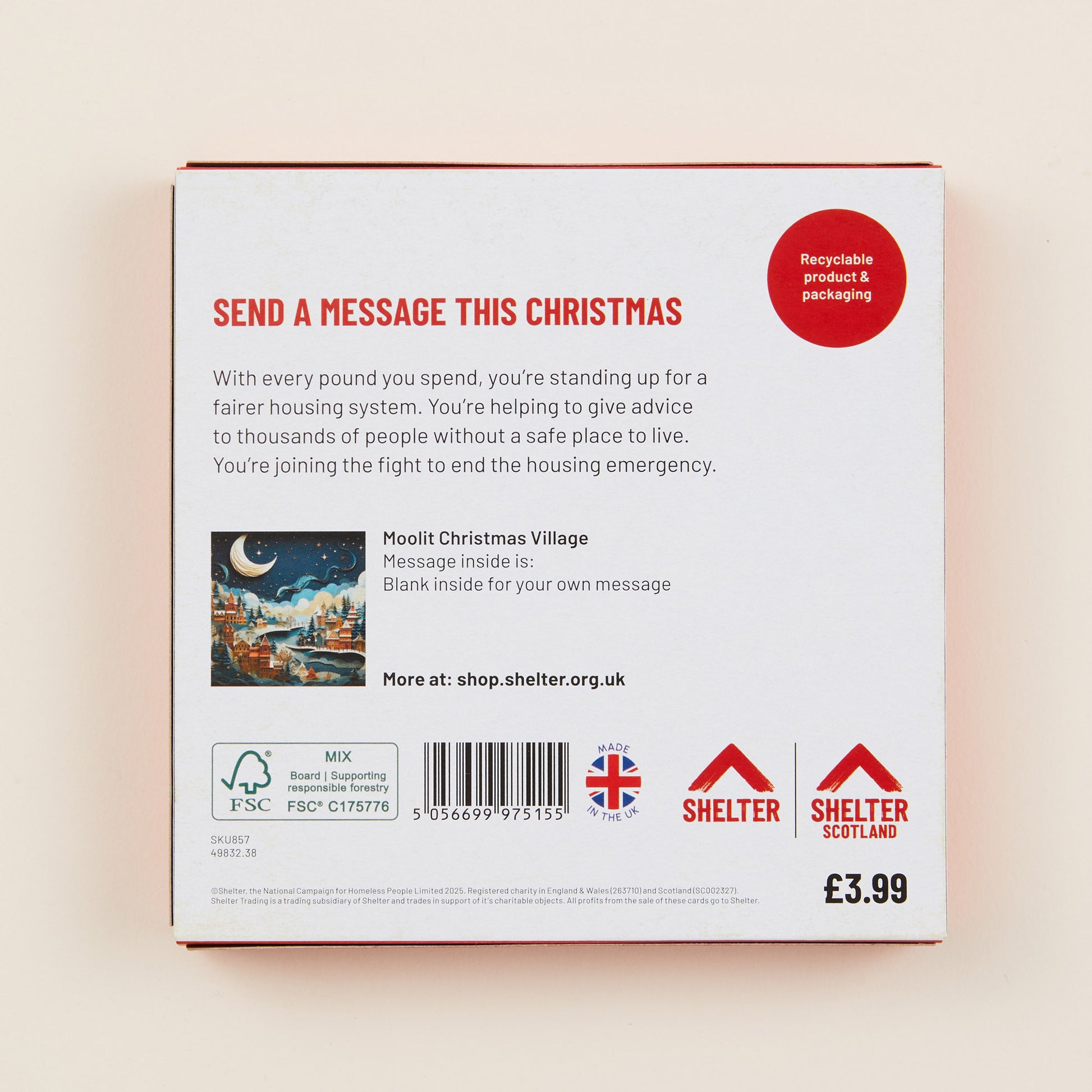 The back of the Christmas card box packaging with details on the size of the cards, the messaging inside them, and information about Shelter and Shelter Scotland.