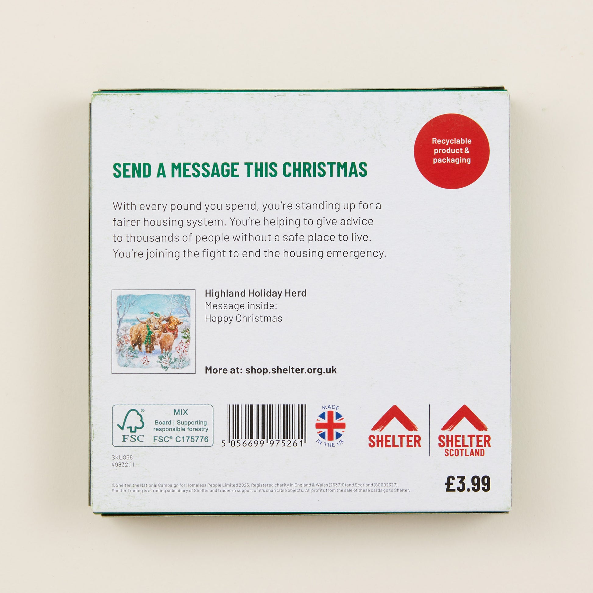 The back of the Christmas card box packaging with details on the size of the cards, the messaging inside them, and information about Shelter and Shelter Scotland.