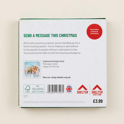 The back of the Christmas card box packaging with details on the size of the cards, the messaging inside them, and information about Shelter and Shelter Scotland.