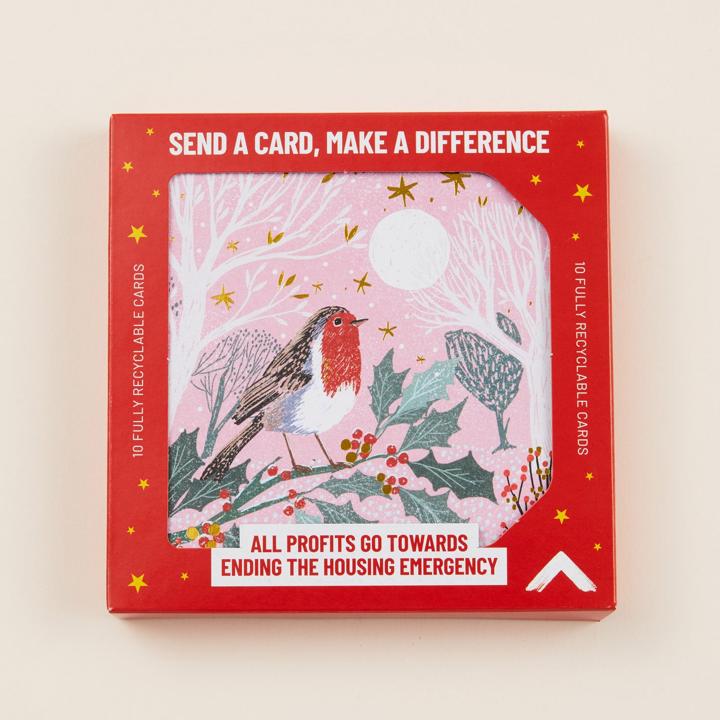 A Christmas card with a robin sitting on a holly branch against a pink sky, the card shown in red cardboard packaging with the title: 'Send a card, make a difference'