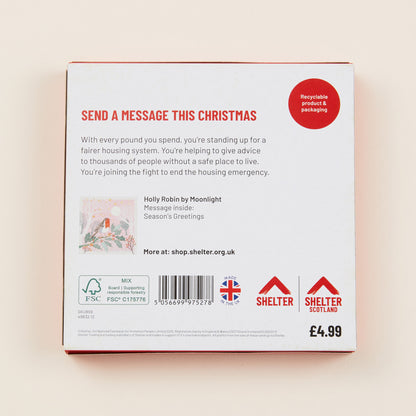 The back of the Christmas card box packaging with details on the size of the cards, the messaging inside them, and information about Shelter and Shelter Scotland.