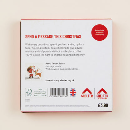 The back of the Christmas card box packaging with details on the size of the cards, the messaging inside them, and information about Shelter and Shelter Scotland.