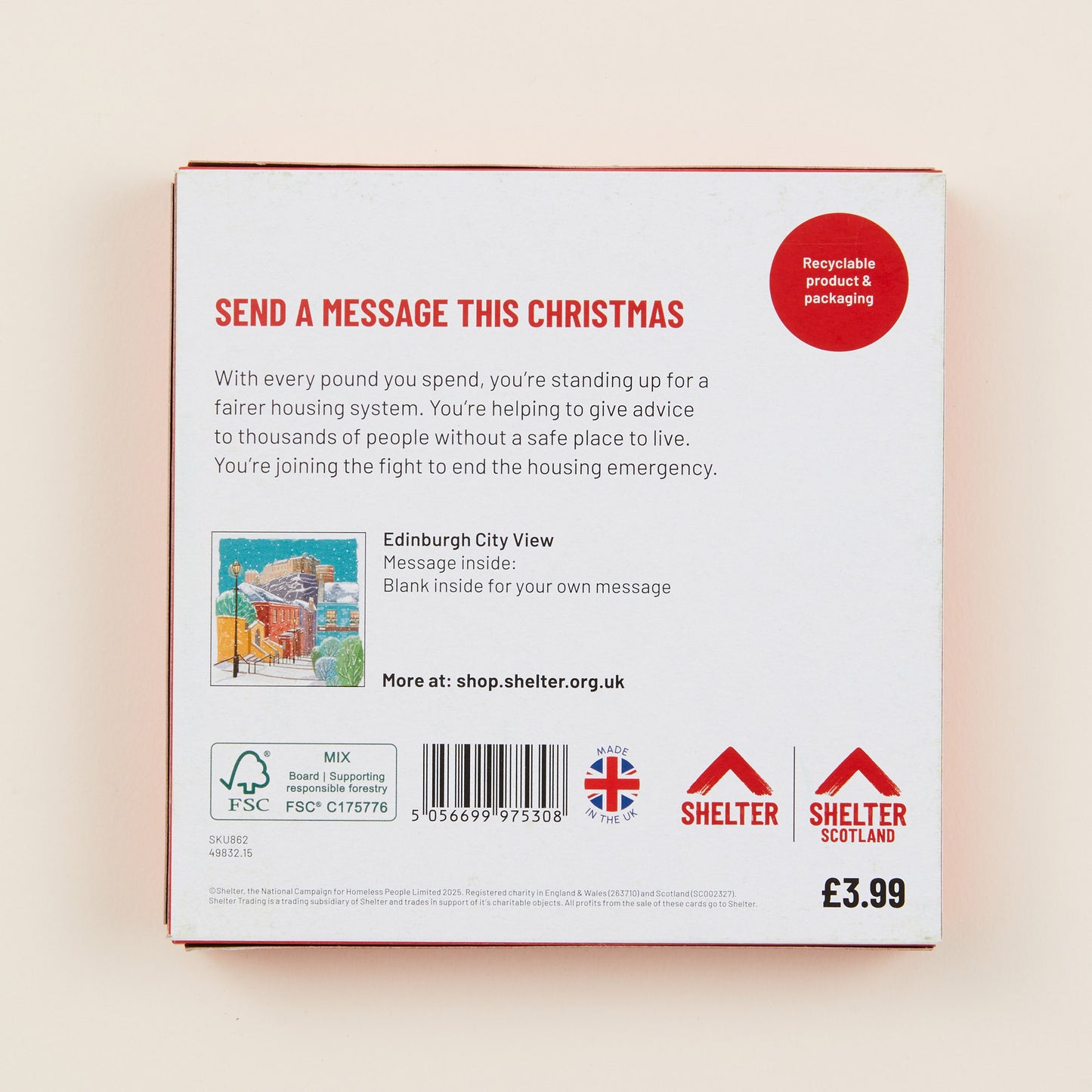 The back of the Christmas card box packaging with details on the size of the cards, the messaging inside them, and information about Shelter and Shelter Scotland.