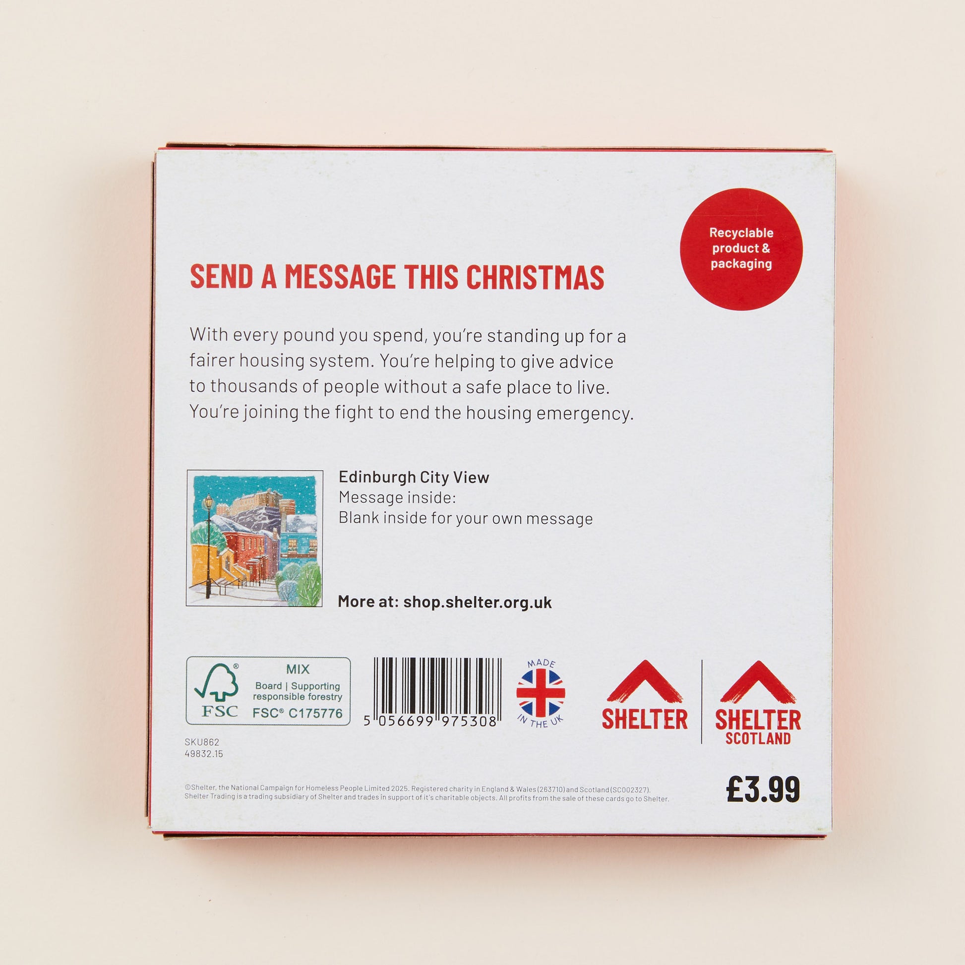 The back of the Christmas card box packaging with details on the size of the cards, the messaging inside them, and information about Shelter and Shelter Scotland.