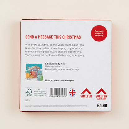 The back of the Christmas card box packaging with details on the size of the cards, the messaging inside them, and information about Shelter and Shelter Scotland.
